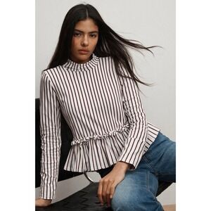 Gracia Ribbed Peplum Top M White Brown Stripe Mock Neck Ruffle Waist Stretch